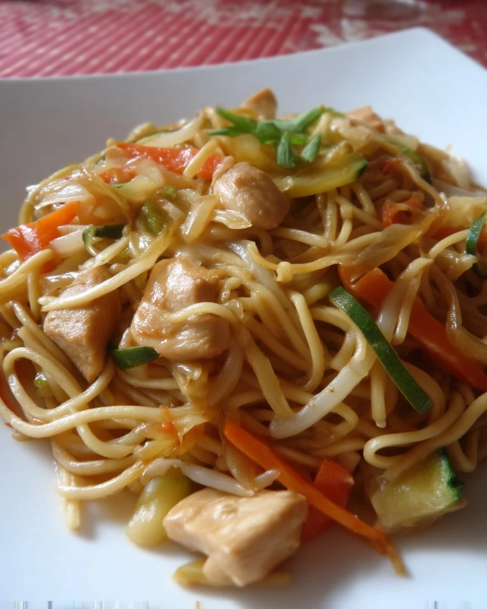Plat de Chow Mein au Poulet savoureux avec légumes et nouilles
