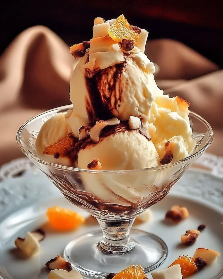 Coupe glacée vanille et chocolat avec éclats d’orange confite