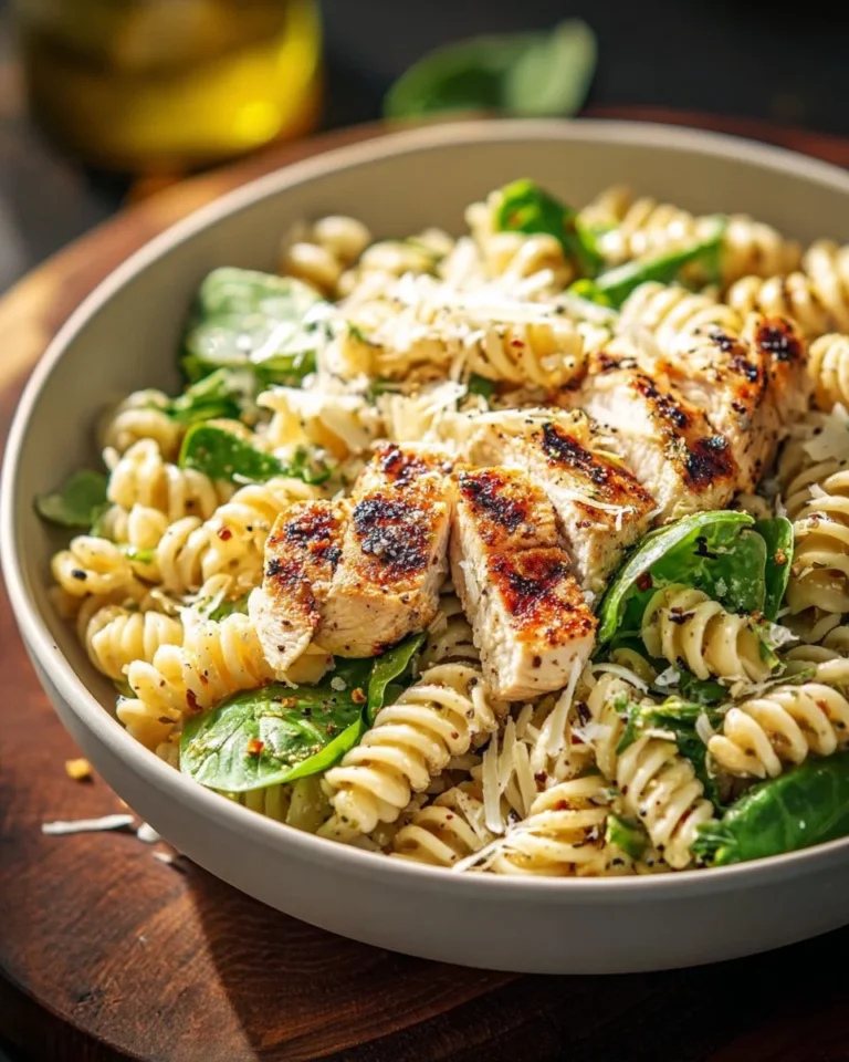 Salade de pâtes crémeuse avec poulet grillé et parmesan dans un bol