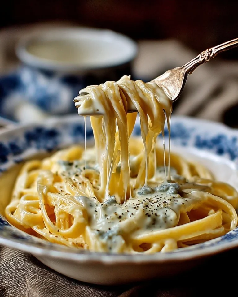 Pâtes crémeuses aux trois fromages fondants sur une assiette.