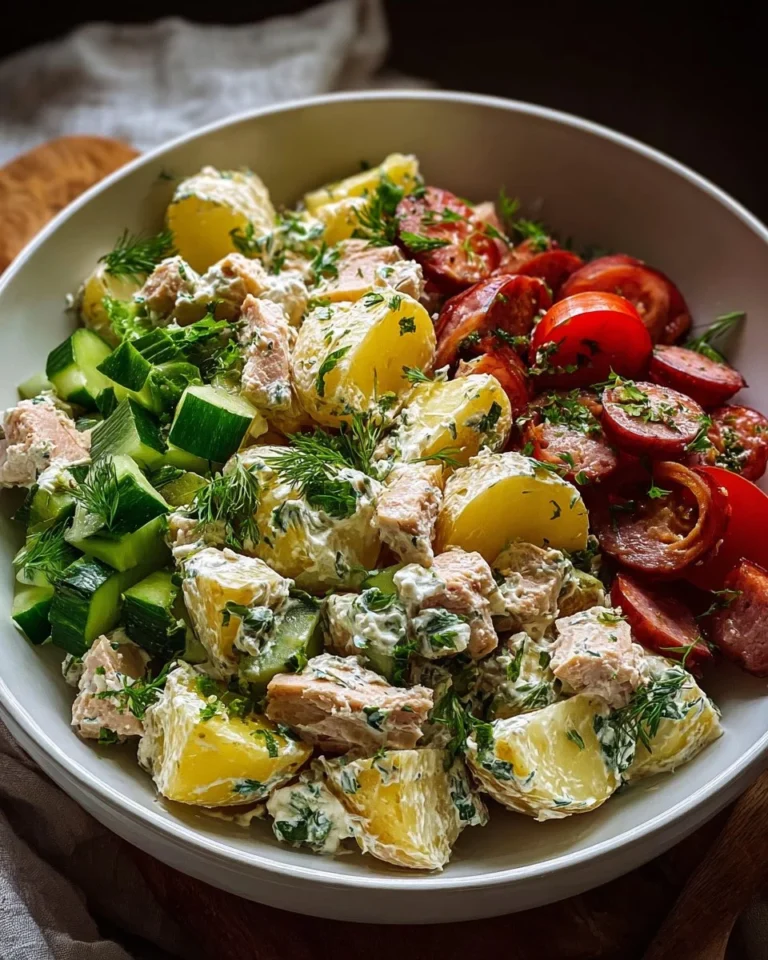 Salade crémeuse de pommes de terre avec saucisse fumée