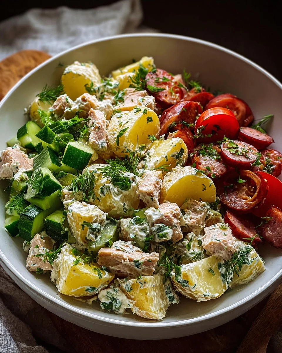 Salade crémeuse de pommes de terre avec saucisse fumée