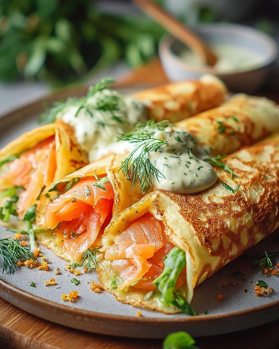 Crêpes au saumon fumé accompagnées d'une sauce à l'aneth