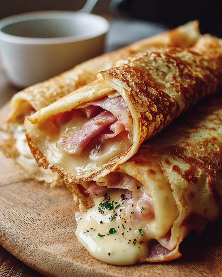 Crêpes croustillantes garnies de jambon et fromage, servies sur une assiette.