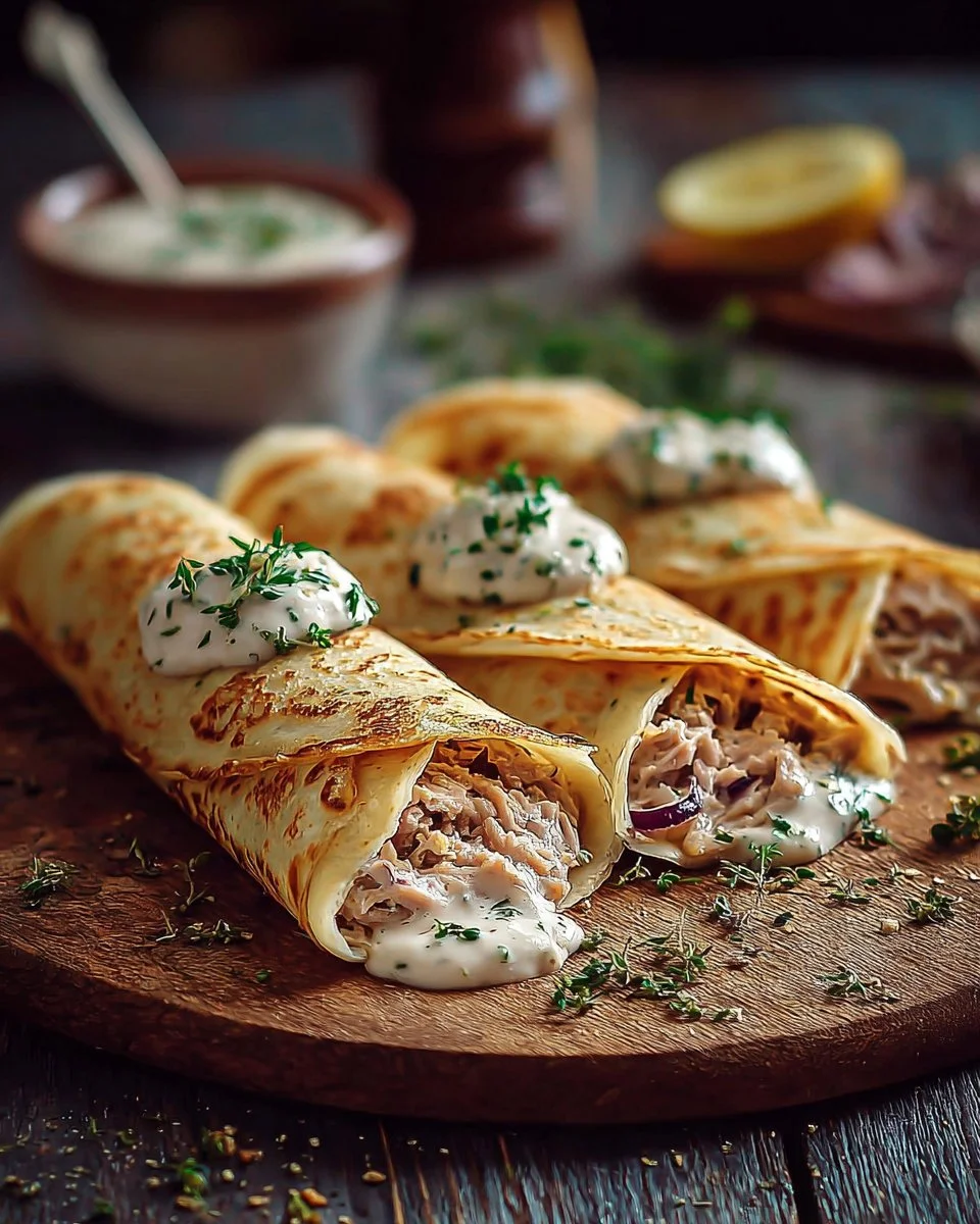 Crêpes de thon crémeux servies avec une garniture savoureuse