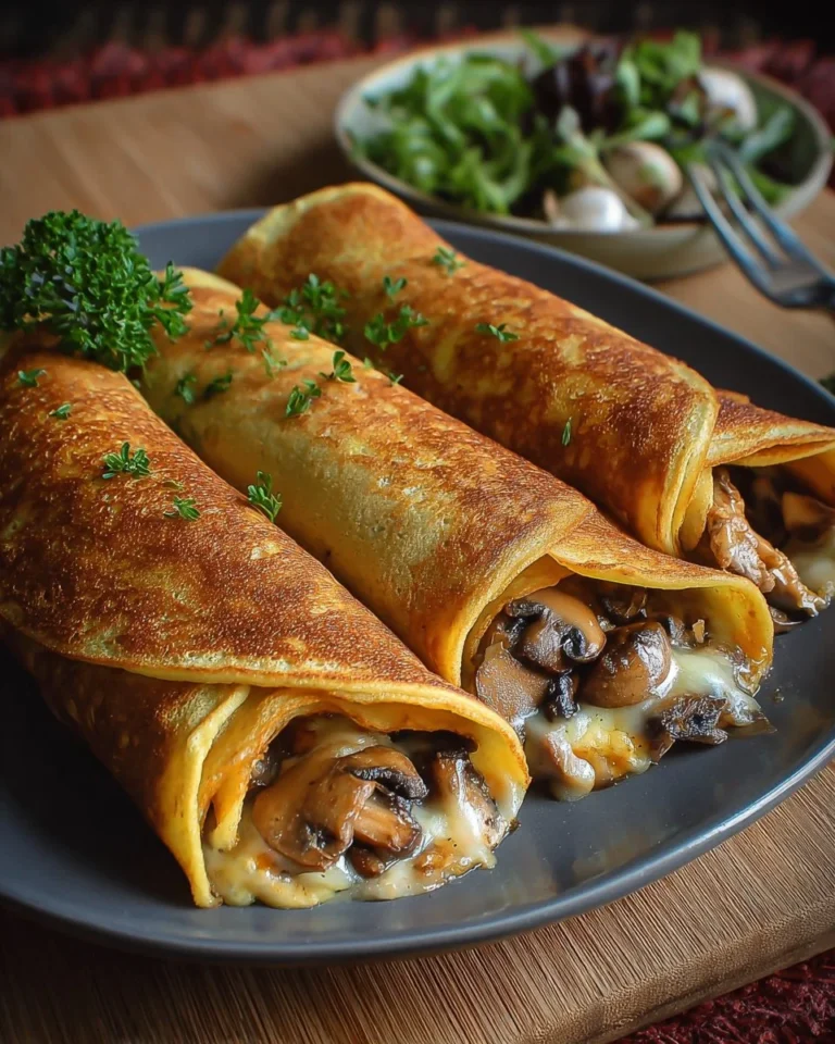 Crêpes dorées farcies au poulet et aux champignons, plat savoureux et réconfortant.