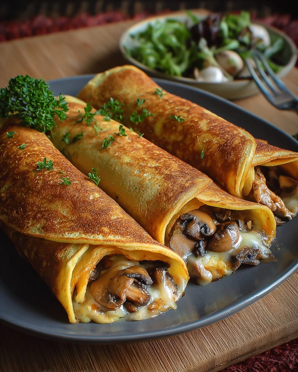 Crêpes dorées farcies au poulet et aux champignons, plat savoureux et réconfortant.