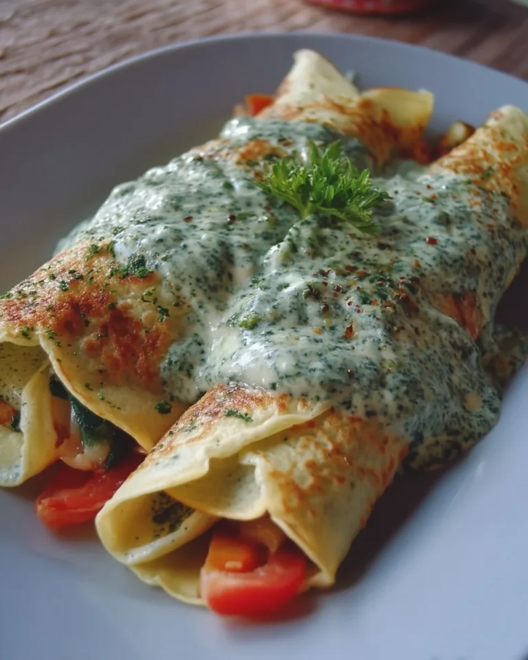 Crêpes farcies aux légumes avec sauce aux épinards, repas savoureux et sain