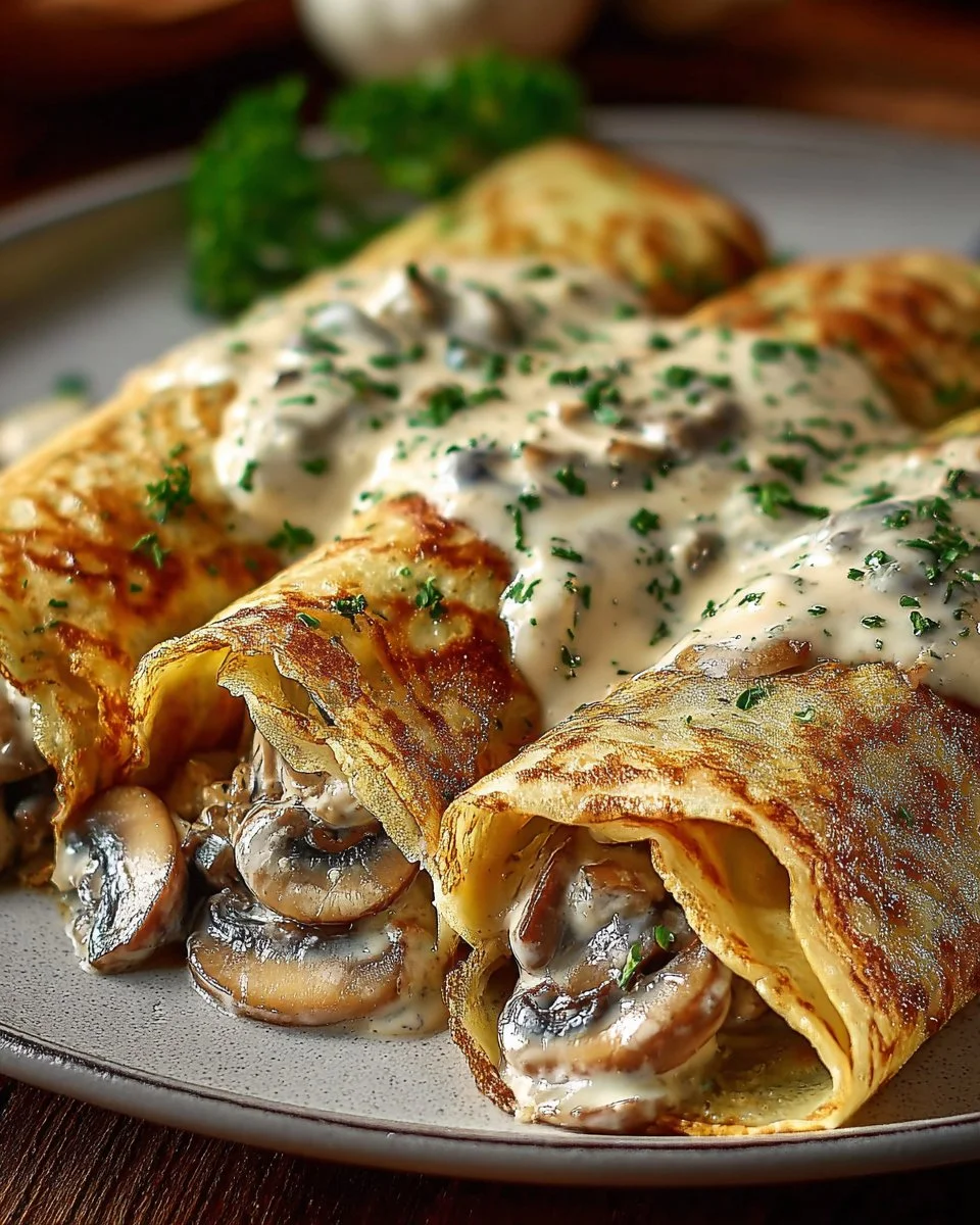 Crêpes gourmet aux champignons et sauce crémeuse, un délice français.