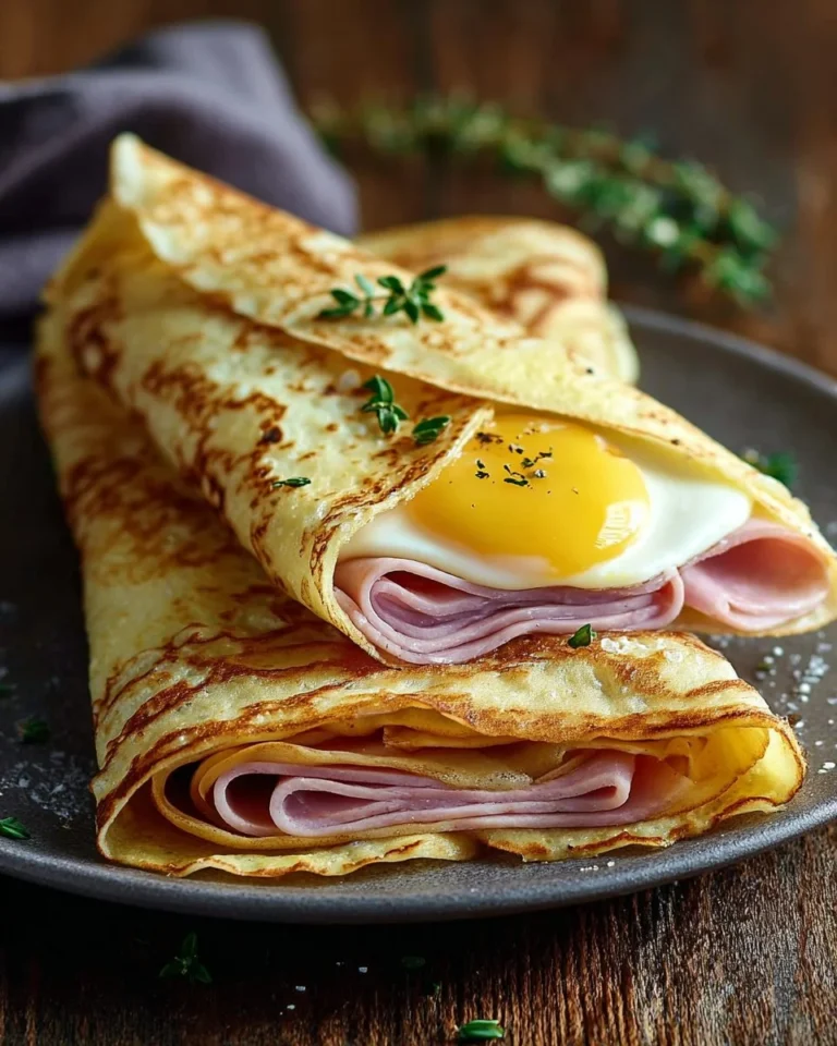 Crêpes salées au jambon et à l'œuf servies dans une assiette
