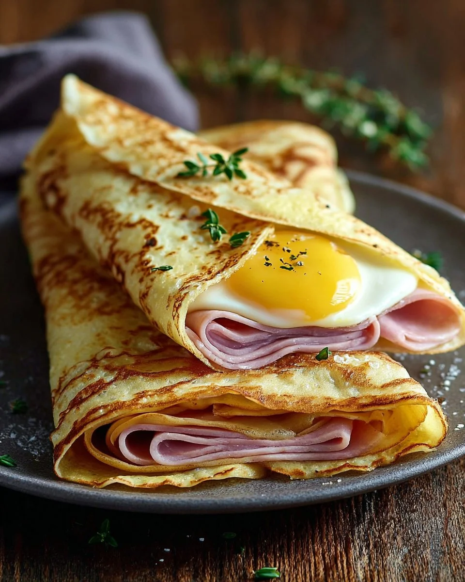 Crêpes salées au jambon et à l'œuf servies dans une assiette
