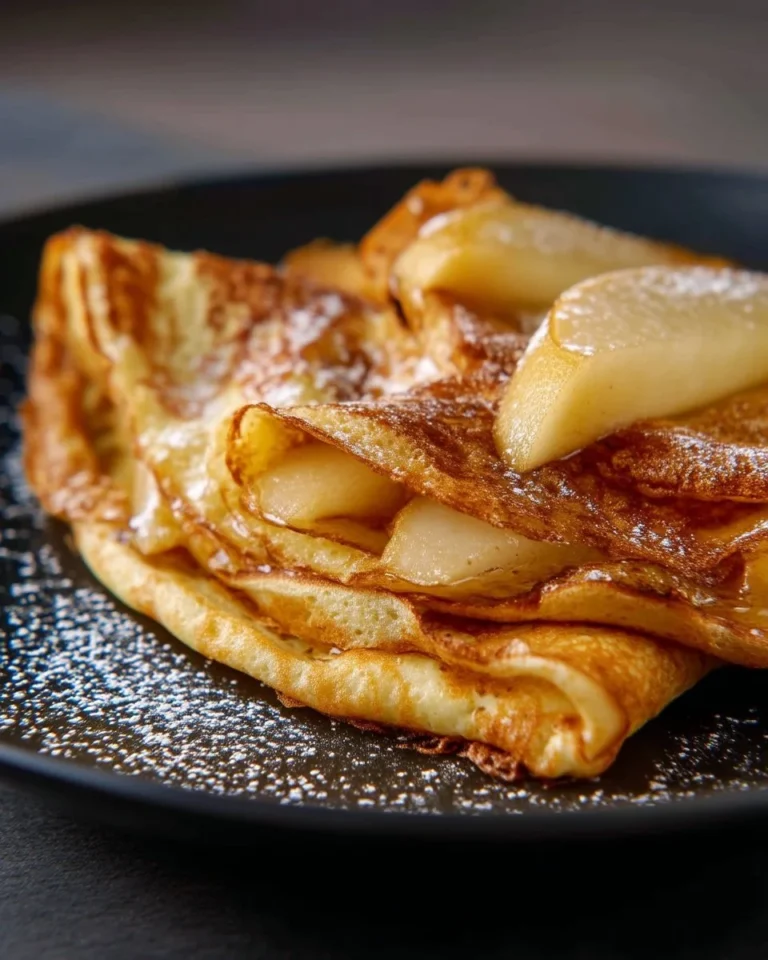 Crêpes soufflées garnies de poires chaudes et sirop d'érable