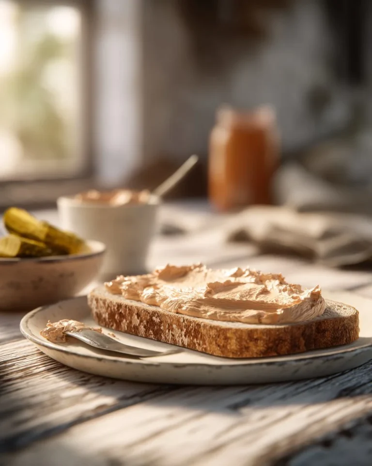 Plat de cretons végétaliens sur une tartine avec des herbes fraîches.