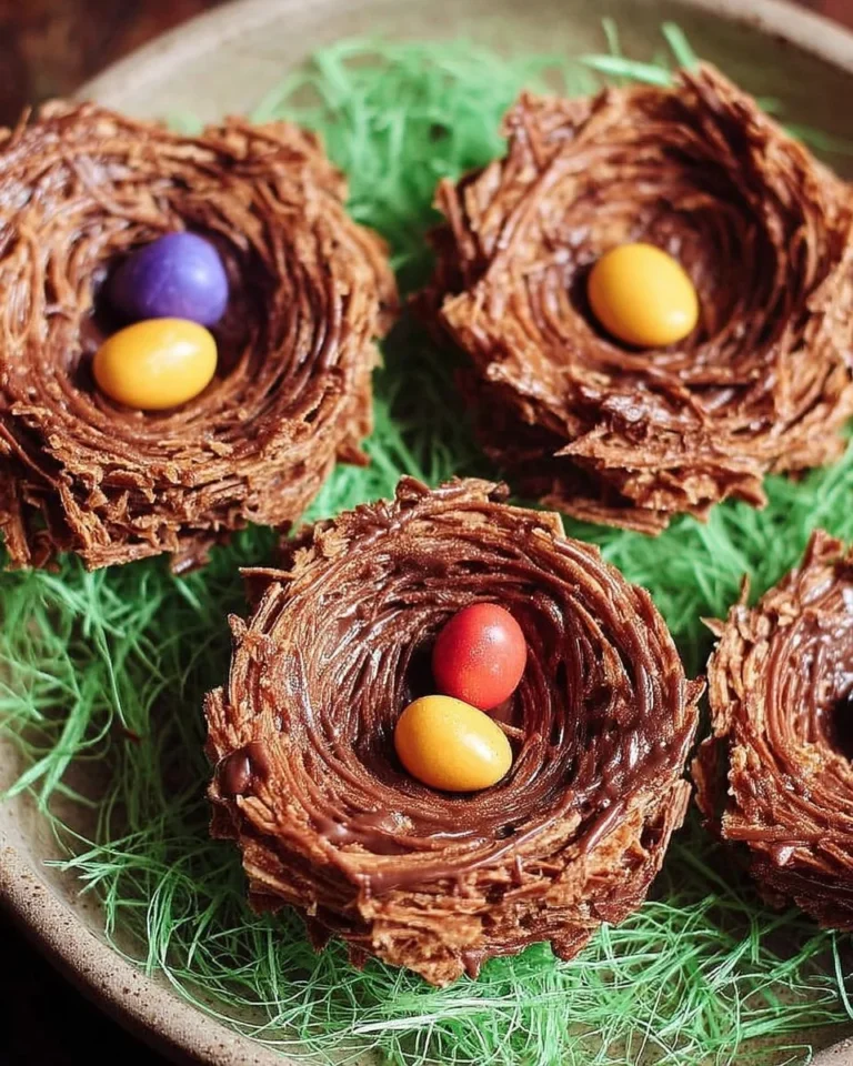 Nids de Pâques au chocolat croustillants décorés de bonbons colorés.
