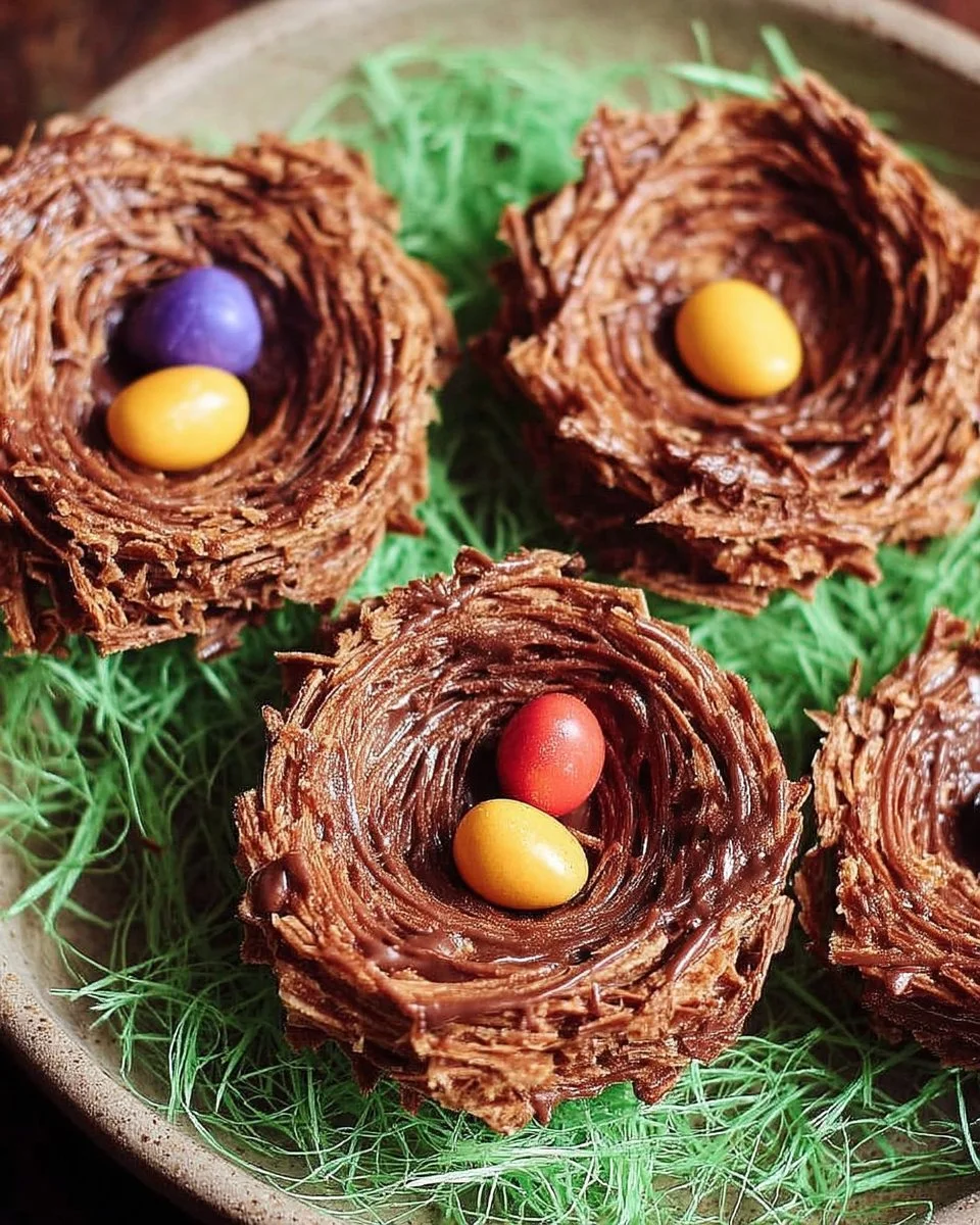 Nids de Pâques au chocolat croustillants décorés de bonbons colorés.