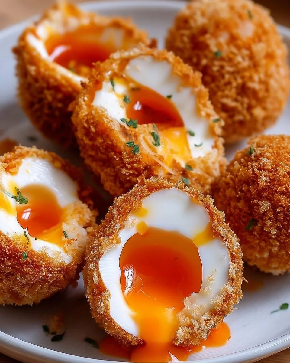 Œufs de Pâques croustillants avec un jaune coulant sur une assiette.