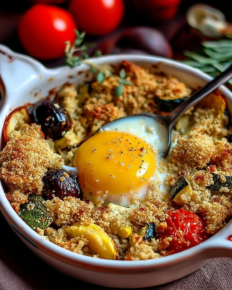 Crumble salé de légumes et œufs cocotte, plat savoureux et coloré