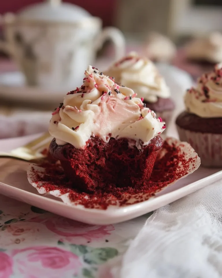 Cupcakes moelleux Red Velvet avec un glaçage crémeux sur un fond coloré.
