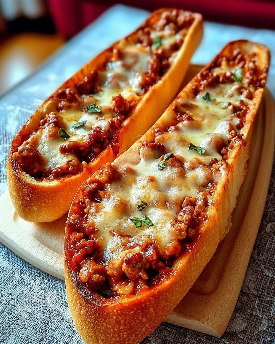 Demi-baguettes garnies au bœuf façon bolognaise prêtes à être servies
