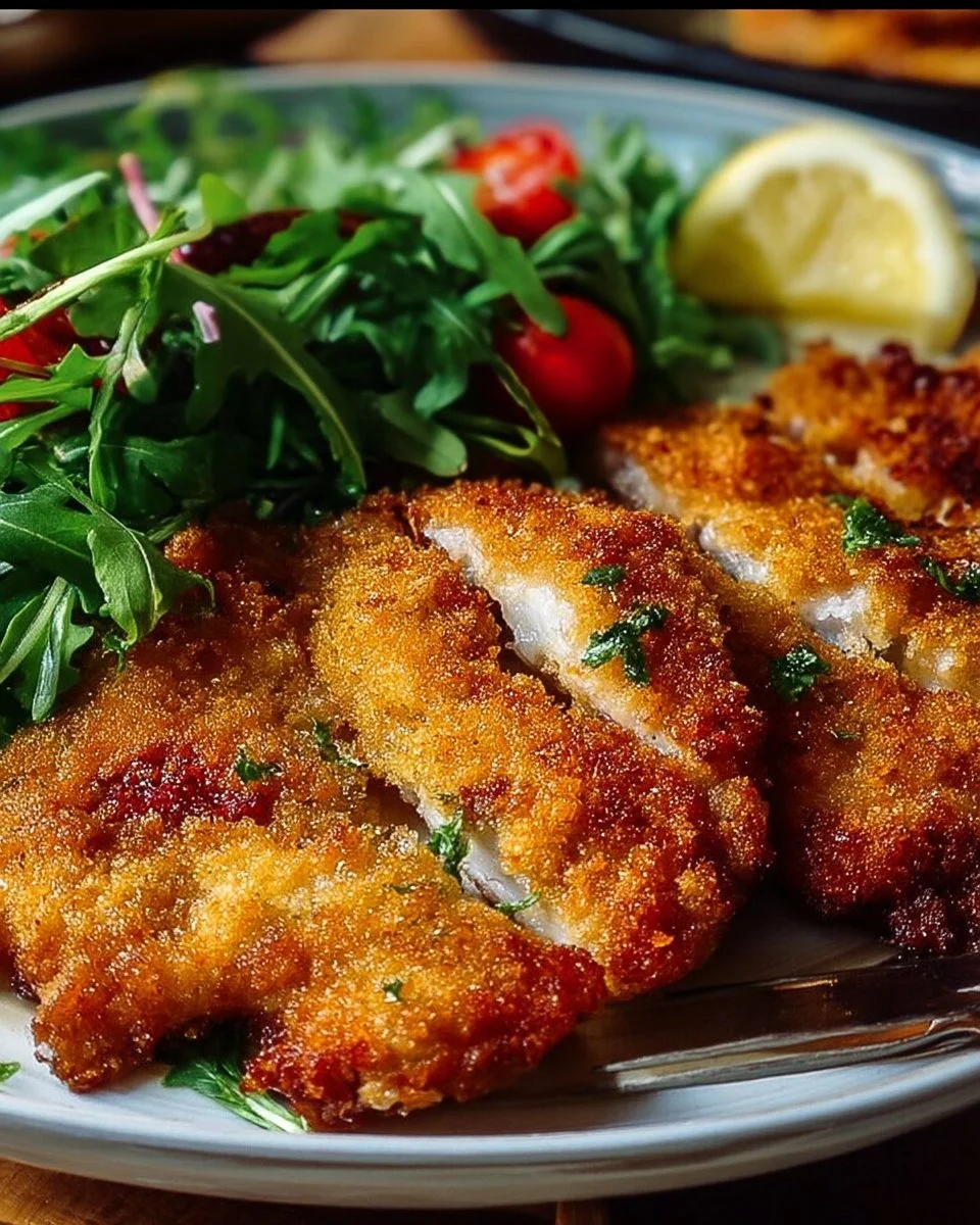 Escalope milanaise croustillante servie avec des accompagnements.