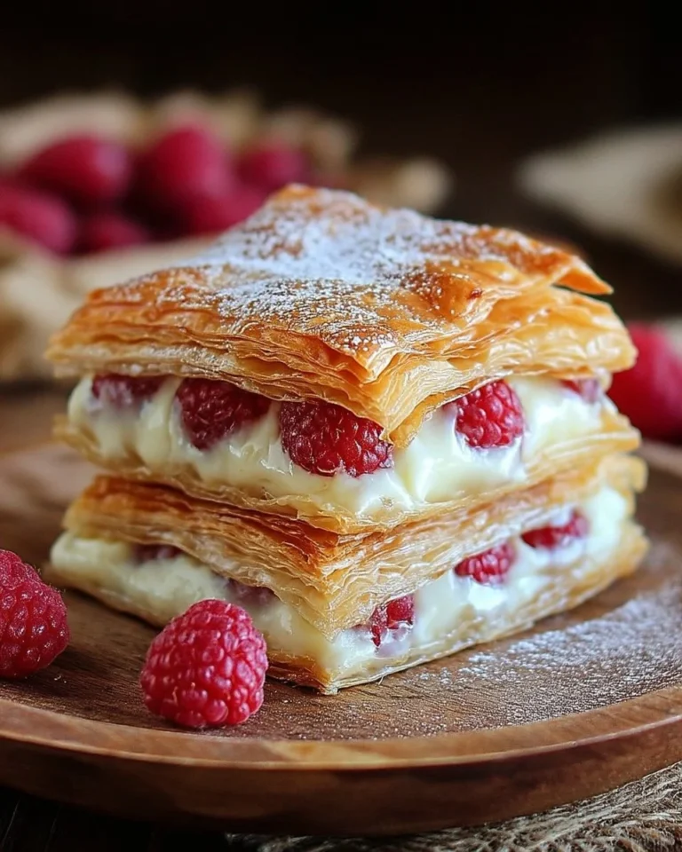 Feuilleté framboises avec crème pâtissière sur une assiette gourmande.