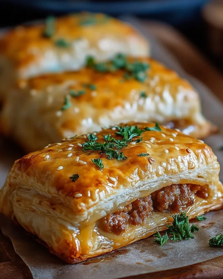 Feuilleté croustillant à la saucisse et au fromage, idéal pour les apéritifs.