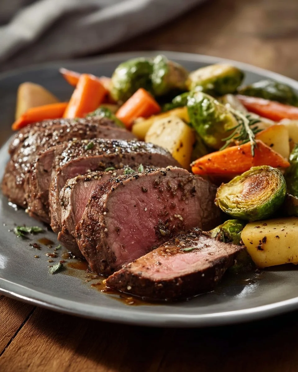 Filet de bœuf glacé à l’érable servi avec des légumes d’automne