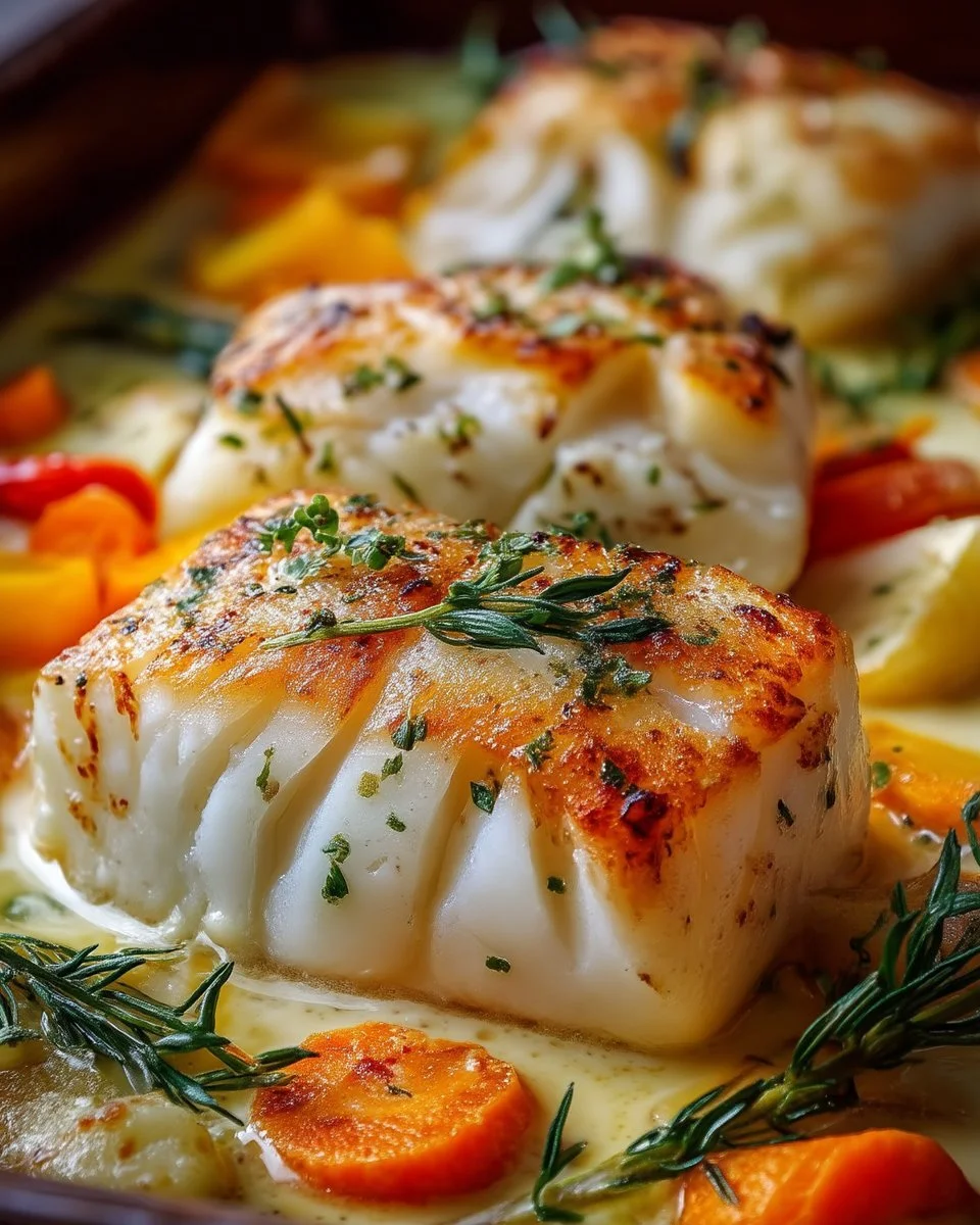 Filets de cabillaud au four avec crème et légumes, plat délicieux et sain