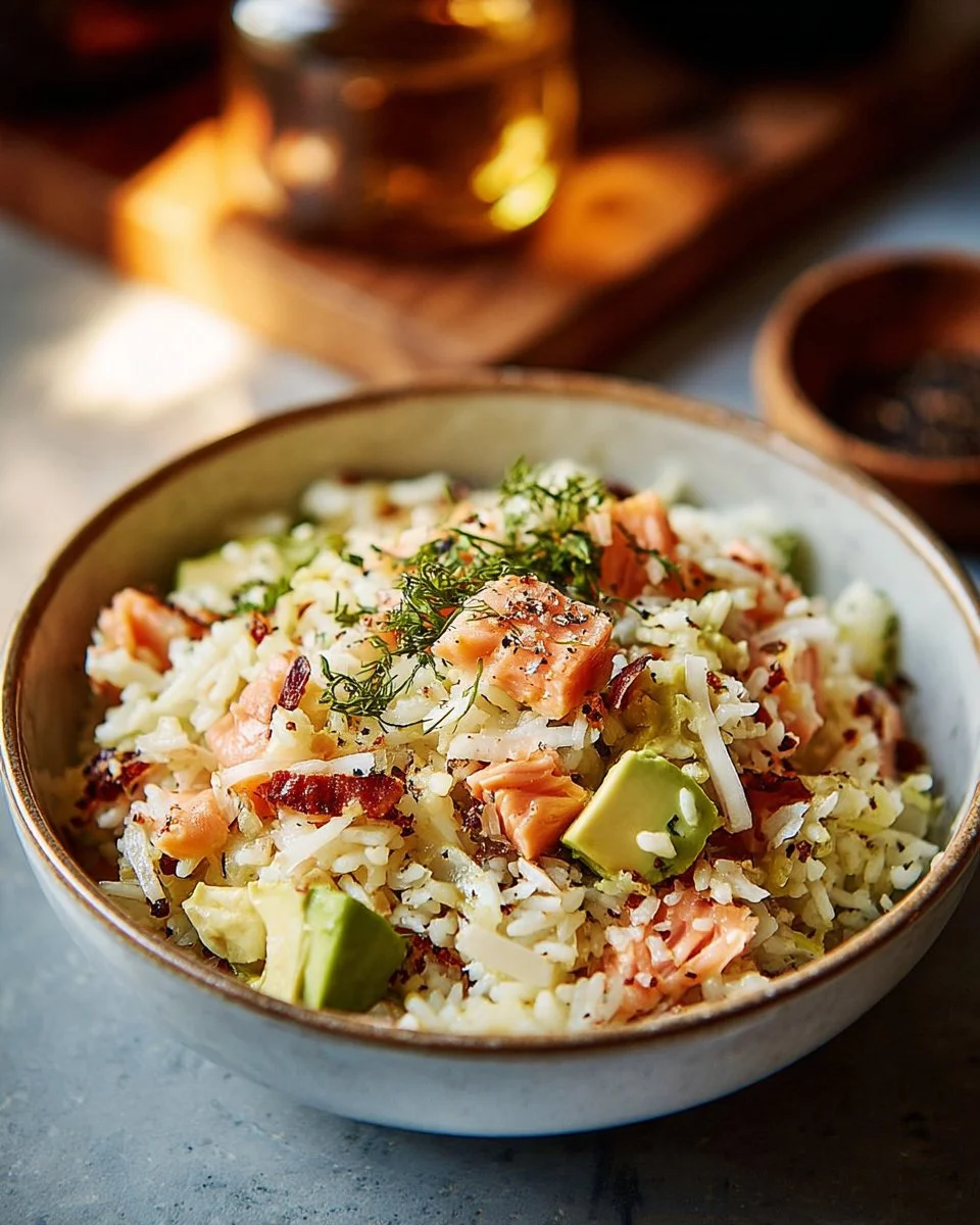 Riz frais avec saumon fumé et avocat, plat délicieux et équilibré.