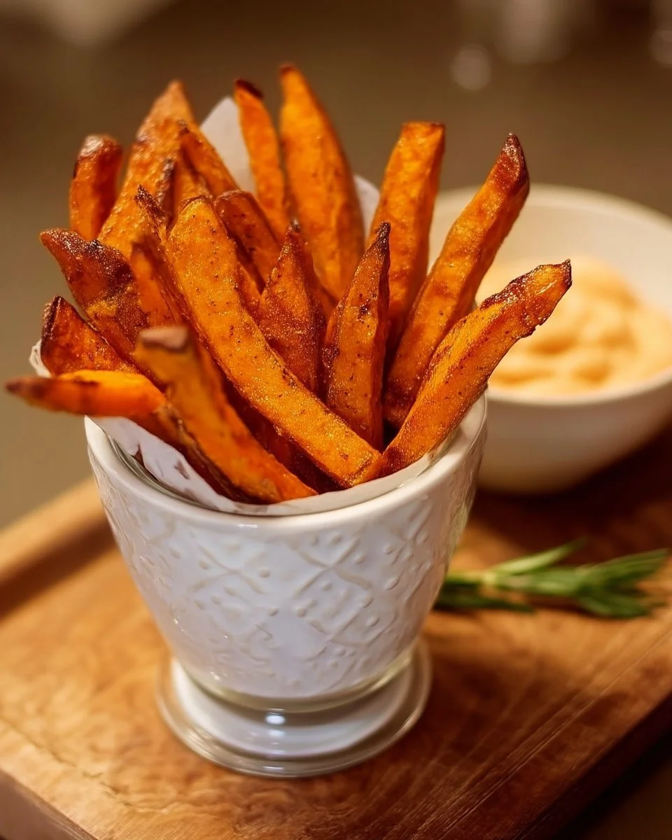 Frites de patates douces servies avec mayonnaise BBQ dans une assiette appétissante
