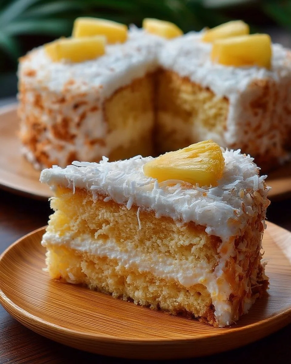 Gâteau ananas coco décoré avec des morceaux d'ananas et de la noix de coco