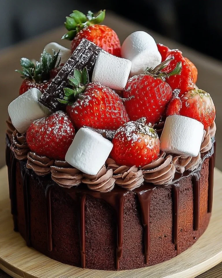 Gâteau au chocolat garni de fraises fraîches et de guimauves tendres
