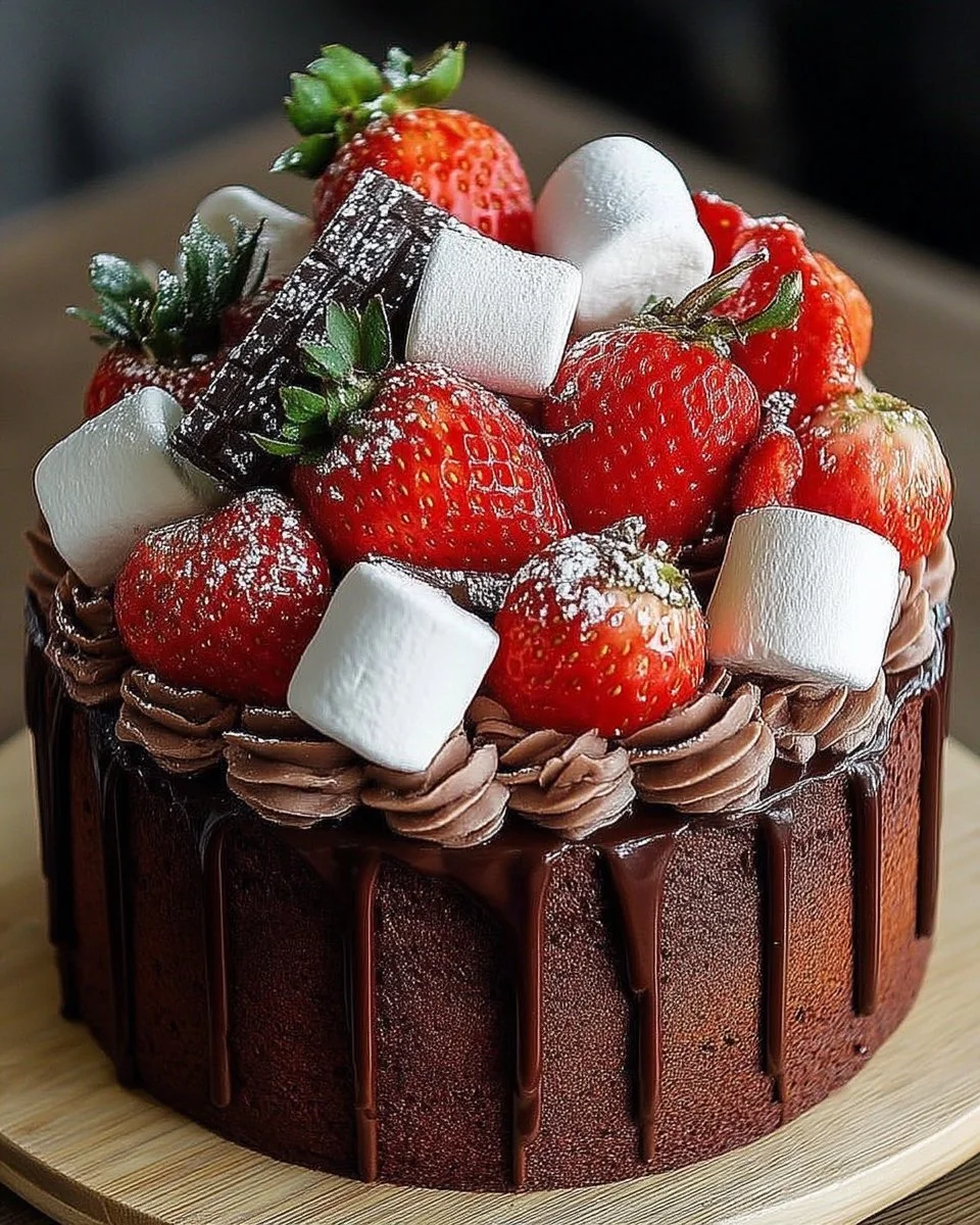 Gâteau au chocolat garni de fraises fraîches et de guimauves tendres