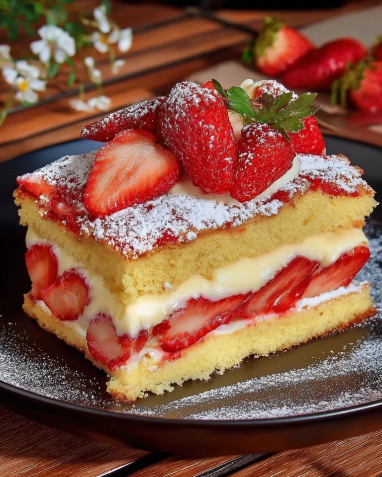 Gâteau aux fraises avec crème vanille sur une assiette