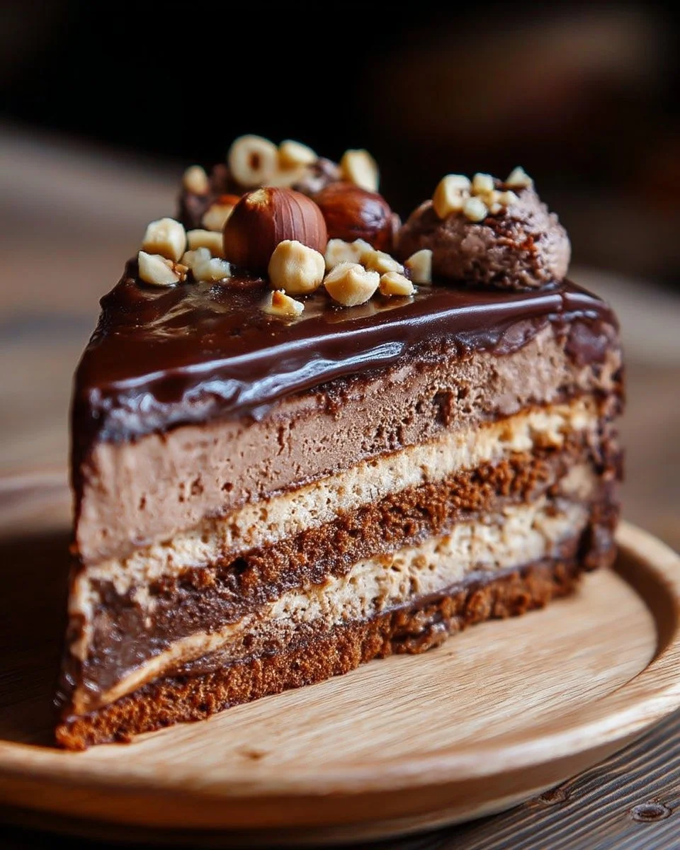 Gâteau chocolat noisette façon entremets avec couches délicates et garniture chocolatée
