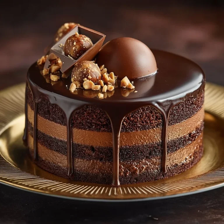Gâteau Chocolat Praliné Royal décoré avec des éclats de praliné.
