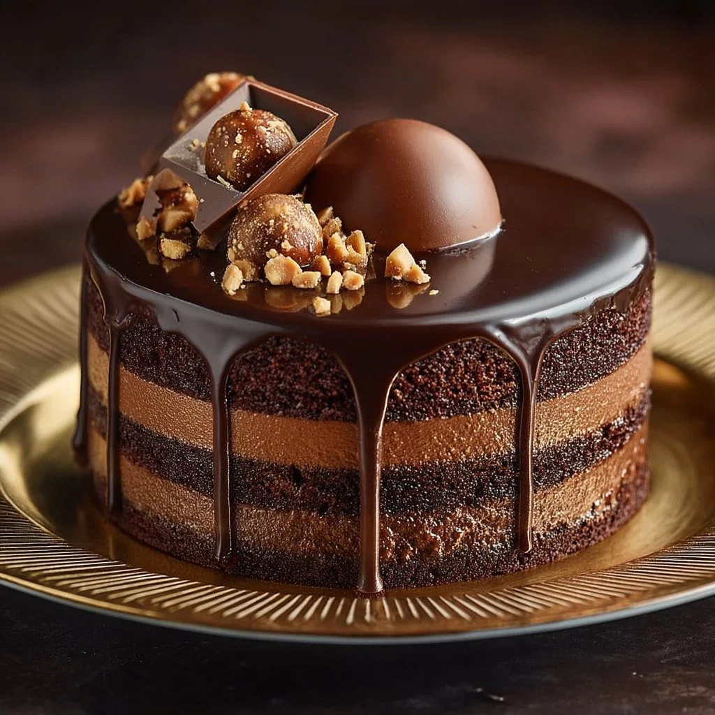 Gâteau Chocolat Praliné Royal décoré avec des éclats de praliné.