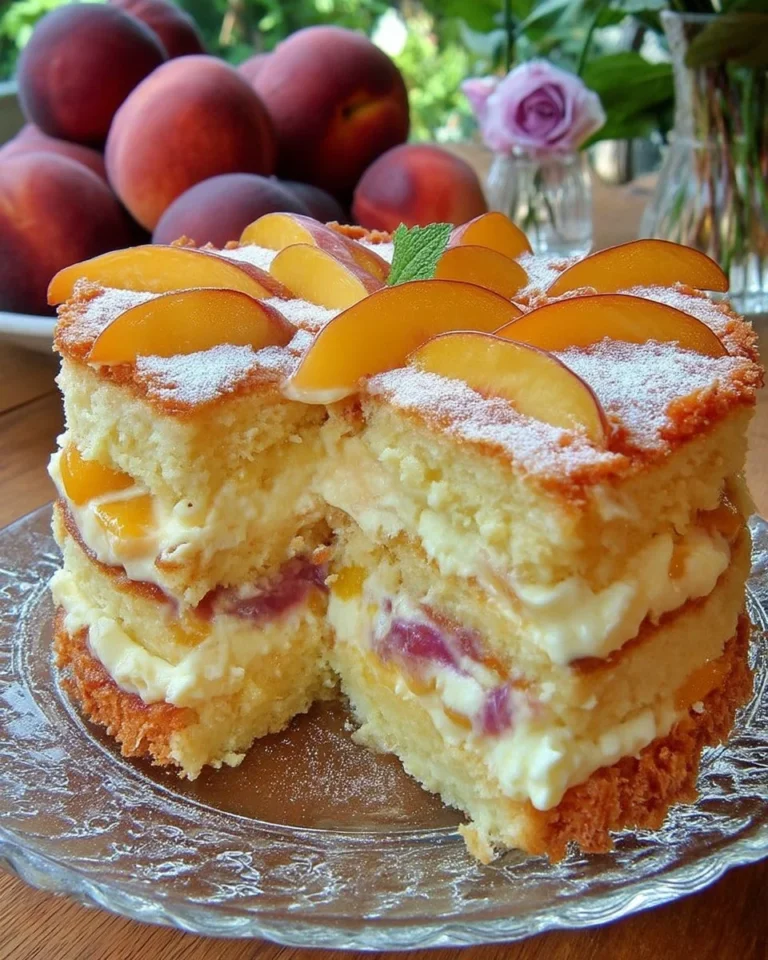 Gâteau Pêche Mascarpone avec des pêches fraîches et une crème mascarpone indulgente.