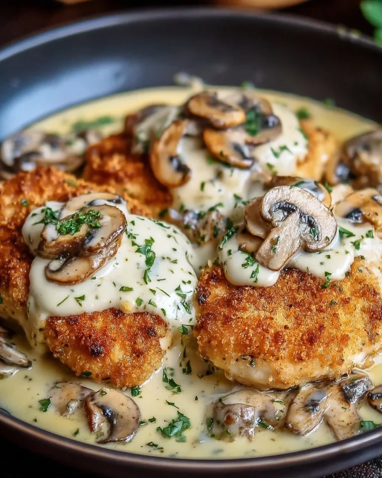 Poulet croustillant doré avec sauce aux champignons et parmesan