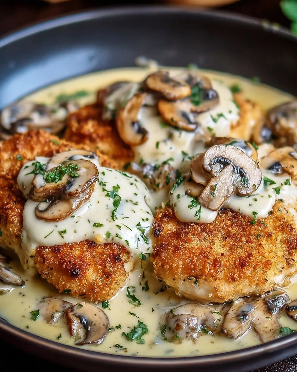 Poulet croustillant doré avec sauce aux champignons et parmesan