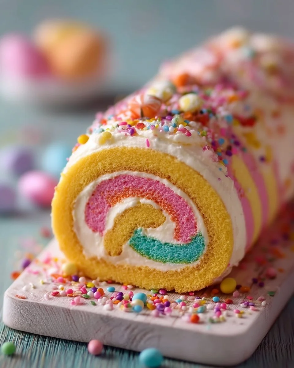 Gâteau roulé de Pâques gourmand et coloré décoré pour célébrer la fête.