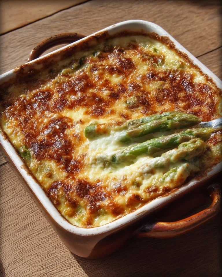 Gratin d’asperges à la crème avec du parmesan doré au four.