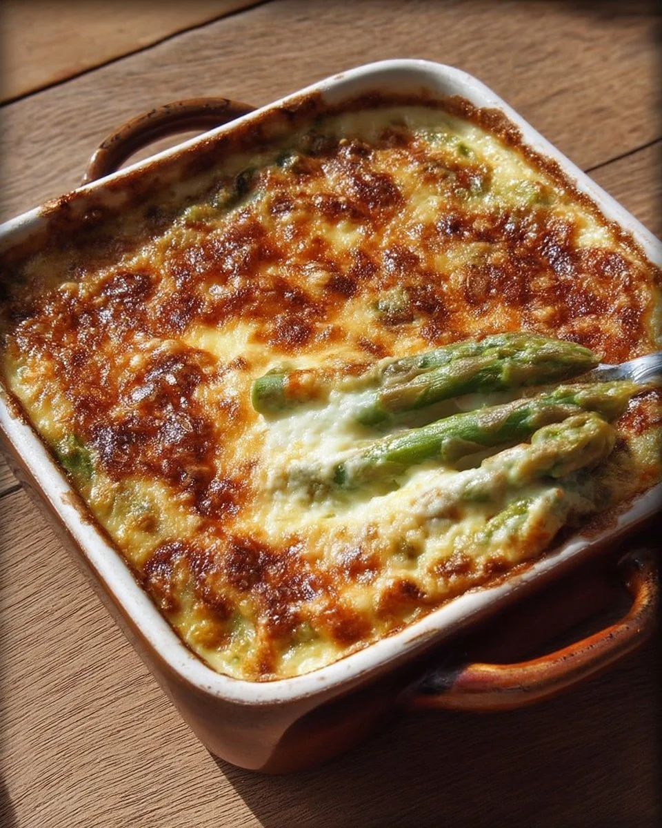 Gratin d’asperges à la crème avec du parmesan doré au four.