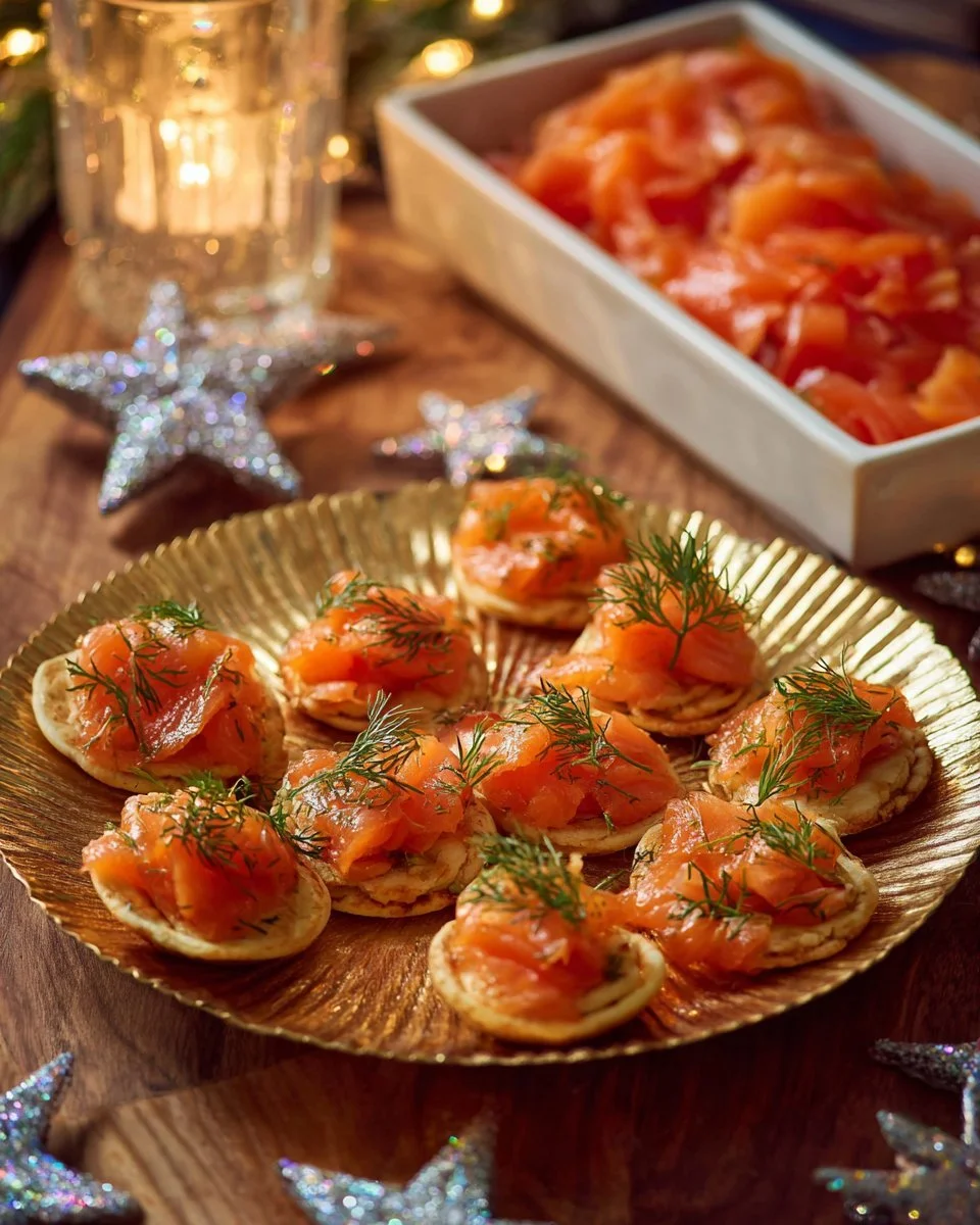 Gravlax de saumon au sirop d'érable présenté dans un plat élégamment décoré.
