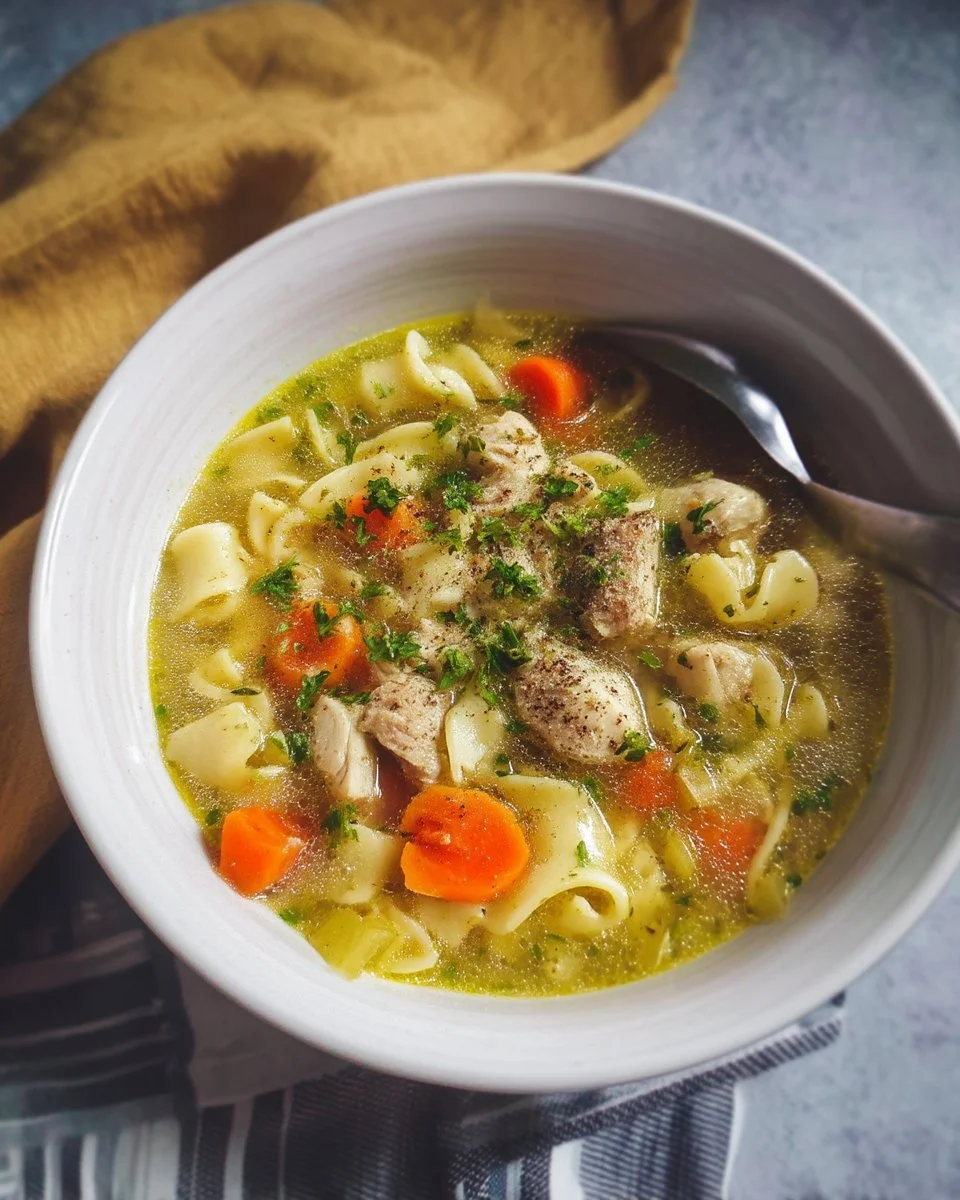Soupe poulet et nouilles, un plat réconfortant fait maison.