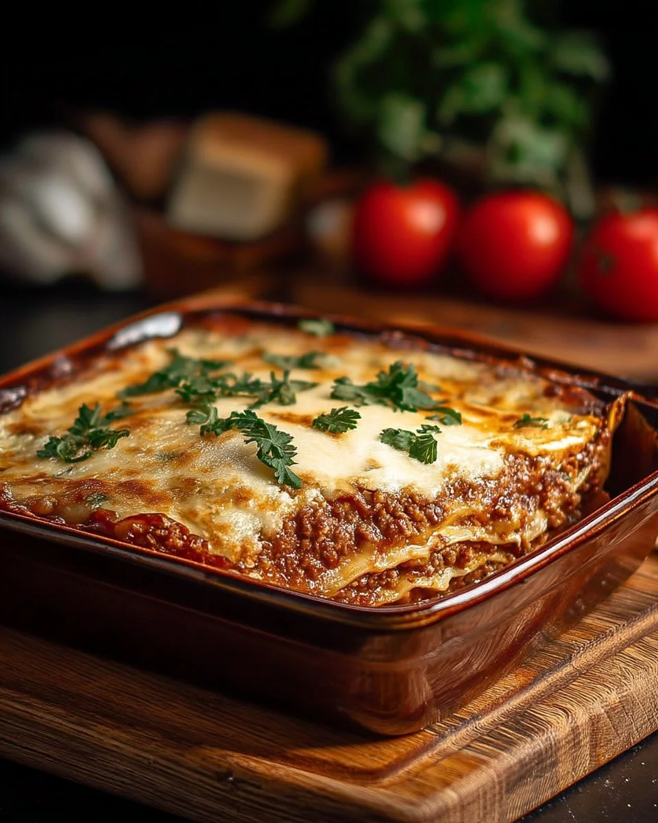 Lasagnes au bœuf maison prêtes à servir dans un plat en ceramic