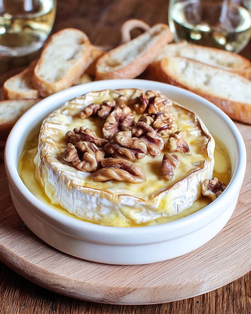 Camembert au miel et aux noix servi avec du pain