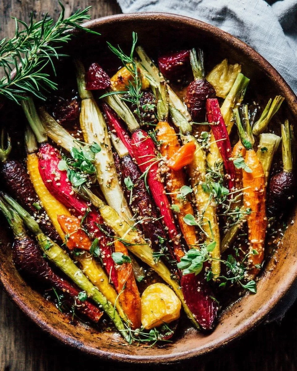 Légumes de printemps rôtis au miel et aux herbes, un plat savoureux et coloré