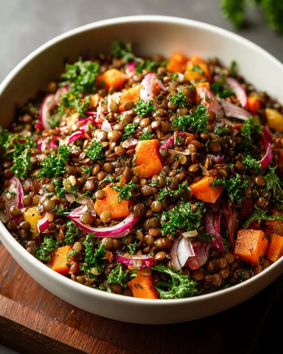 Salade de lentilles colorée et saine avec légumes frais