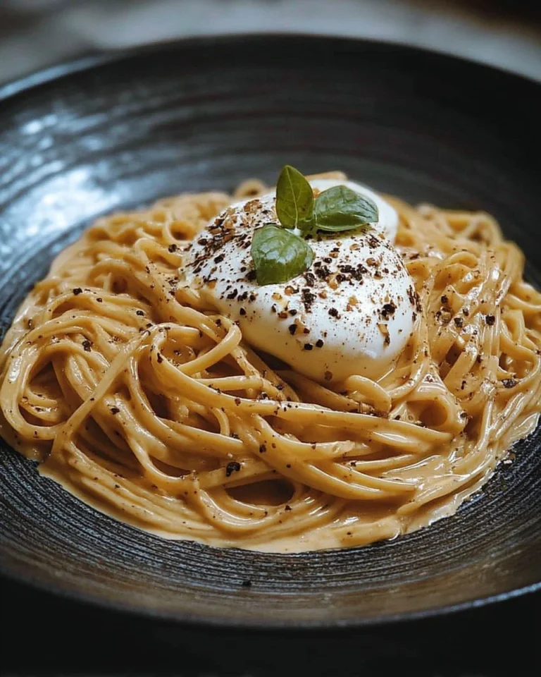Assiette de linguine crémeuse garnie de burrata et de poivre noir